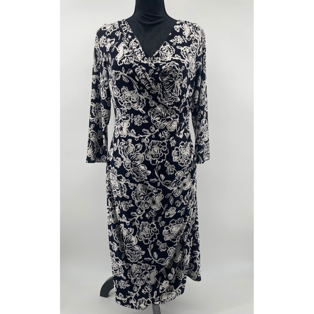 Lauren Ralph Lauren Dress 10 Black Floral Faux Wrap Ruched Midi Career Cocktail